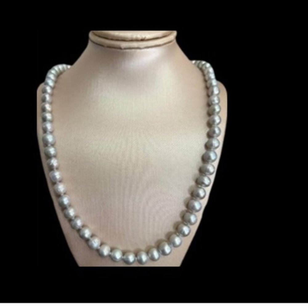 Genuine 7.5mm Gray Cultured Pearl Sterling clasp knotted strand Necklace 24”